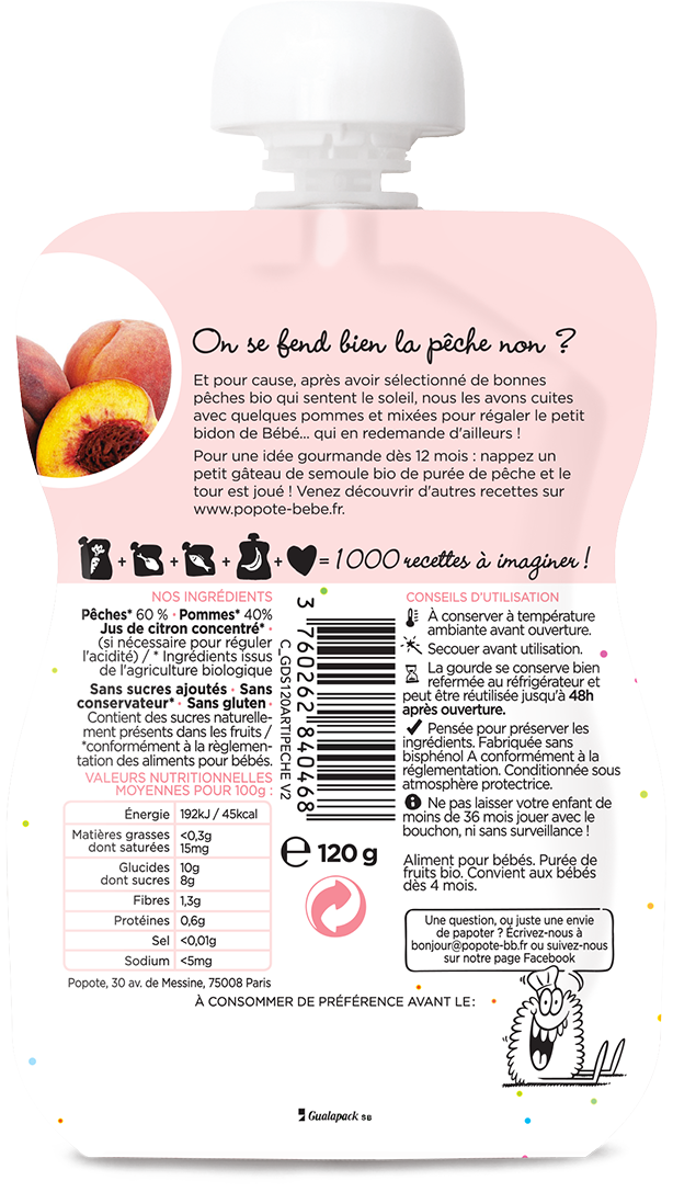 Popote -- Gourde compote pêche bio - 120 g